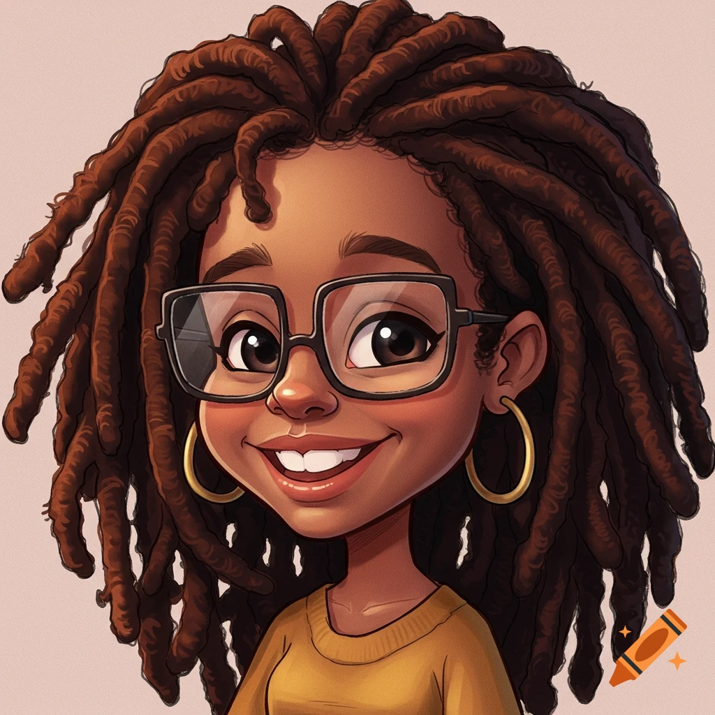 A cute cartoon portrait of an African American woman with dreadlocks, square eyeglasses, and a yellow shirt, smiling.