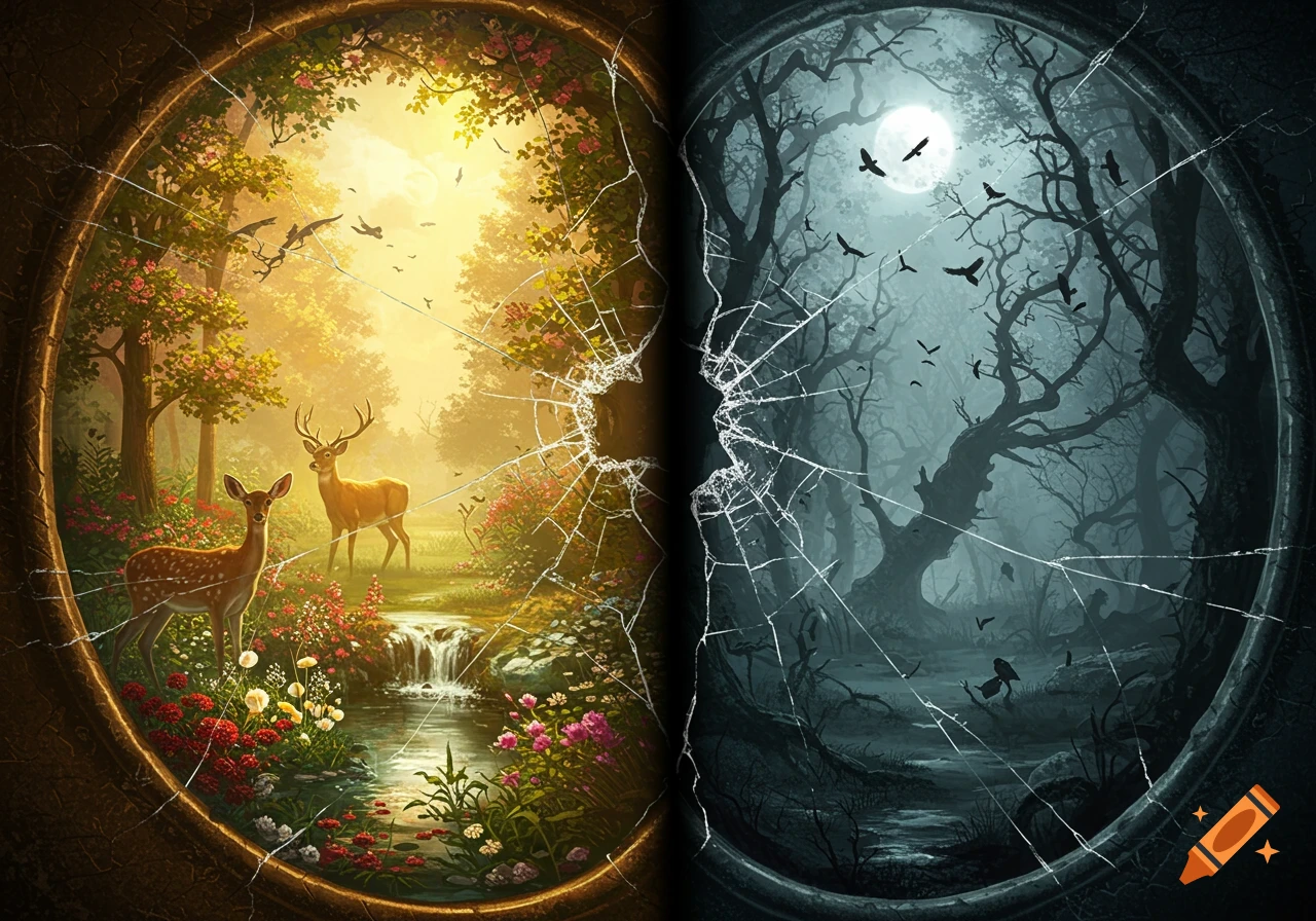 A cracked mirror shows two contrasting worlds: a bright, lush forest with deer and a dark, eerie forest with bare trees and crows.