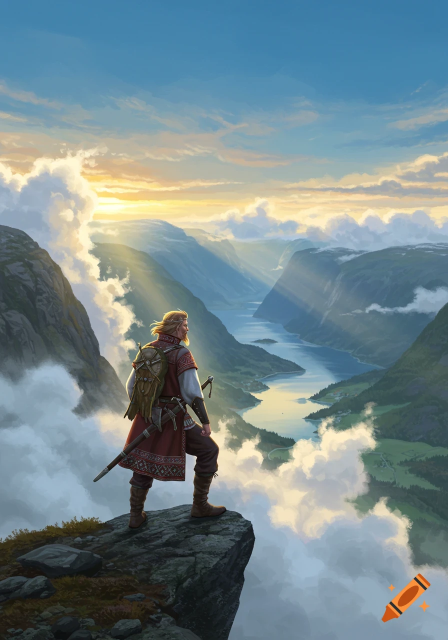A man in traditional attire with a backpack and sword stands on a cliff overlooking a majestic fjord and mountains under a dramatic sunset.