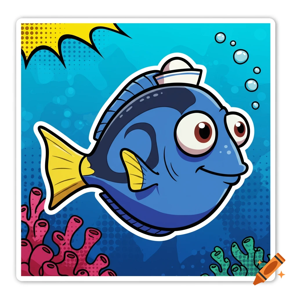 A blue cartoon fish with big eyes and a sailor hat swims underwater amidst colorful coral and bubbles in a comic-style sticker.