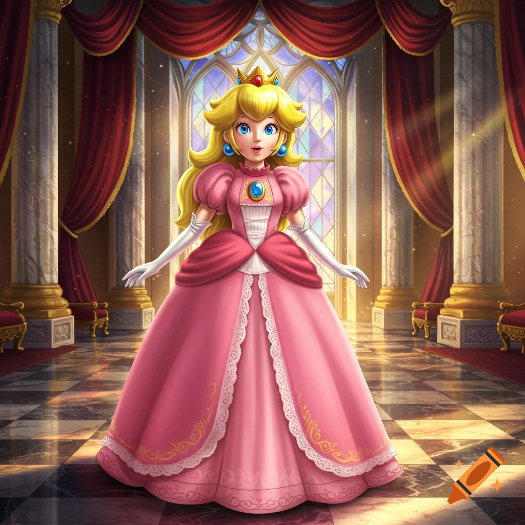 Princess Peach in her iconic pink gown stands in a grand, opulent royal hall with red drapes and large windows.