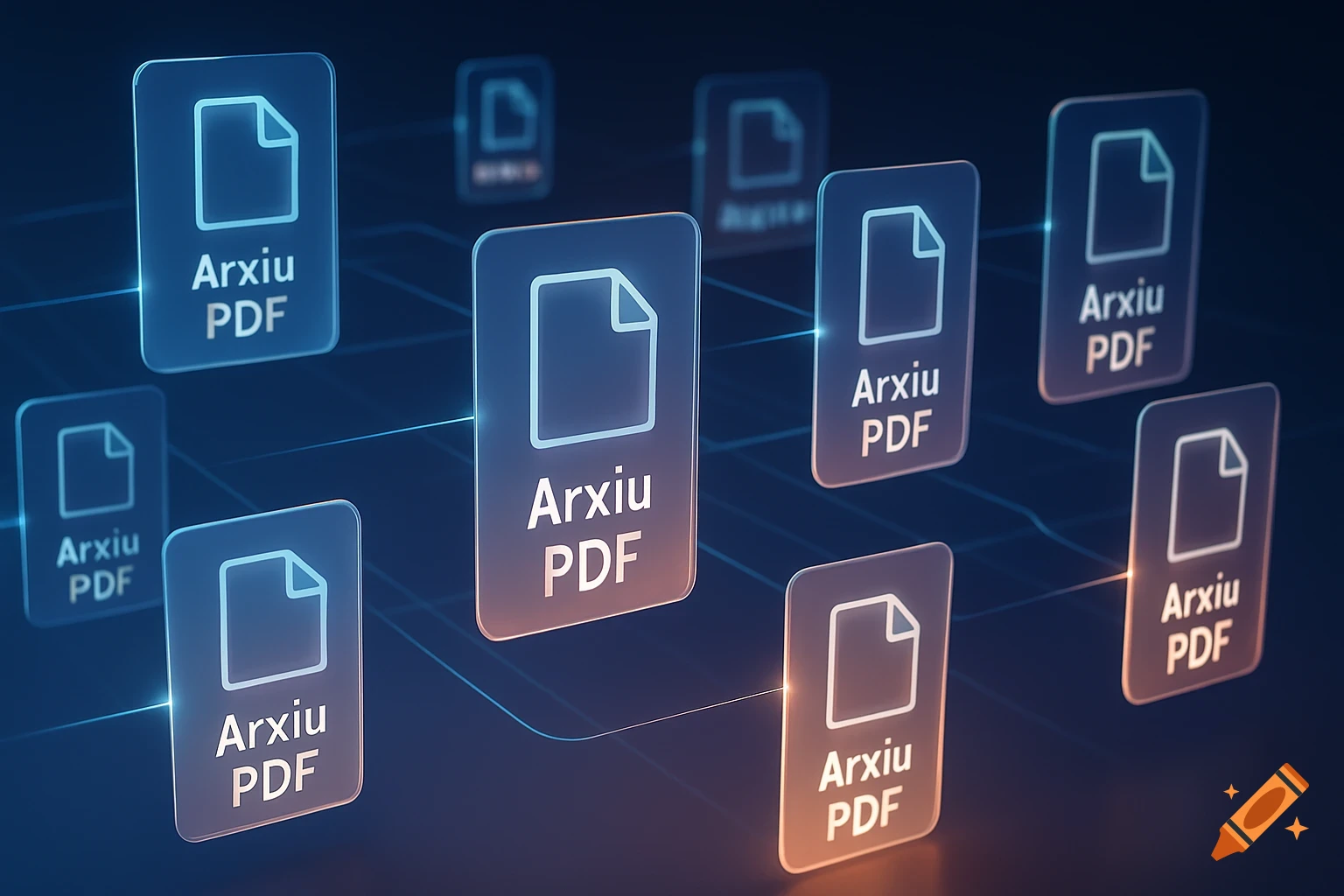 Multiple glowing digital icons with file symbols and 'Arxiu PDF' text, connected by lines on a dark, abstract background.