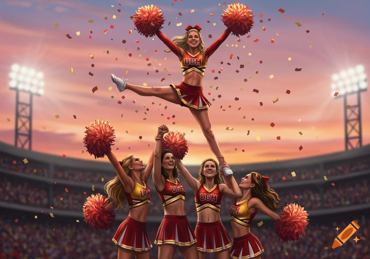 A group of cheerleaders in red and gold uniforms perform a stunt in a stadium, with confetti falling around them.