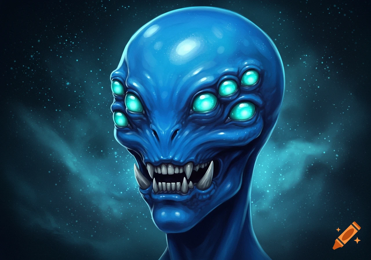 A blue alien head with eight glowing blue-green eyes and sharp fangs against a dark, starry background, digital art.