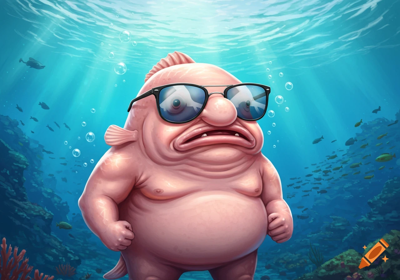 A stylized illustration of a blobfish wearing sunglasses, standing heroically underwater amidst coral and small fish.