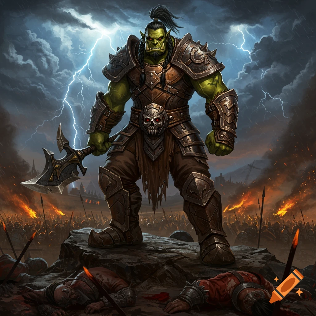 A powerful orc warrior in detailed armor stands on a rocky outcrop over a bloody battlefield under a stormy sky with lightning.
