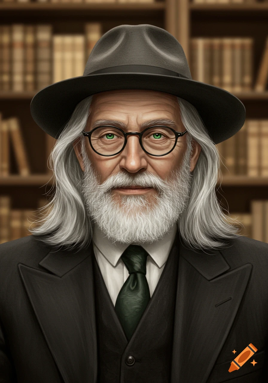A close-up portrait of an elderly man with long gray hair, a gray beard, green eyes, black glasses, a black suit, and a gray fedora, against a blurred bookshelf background.