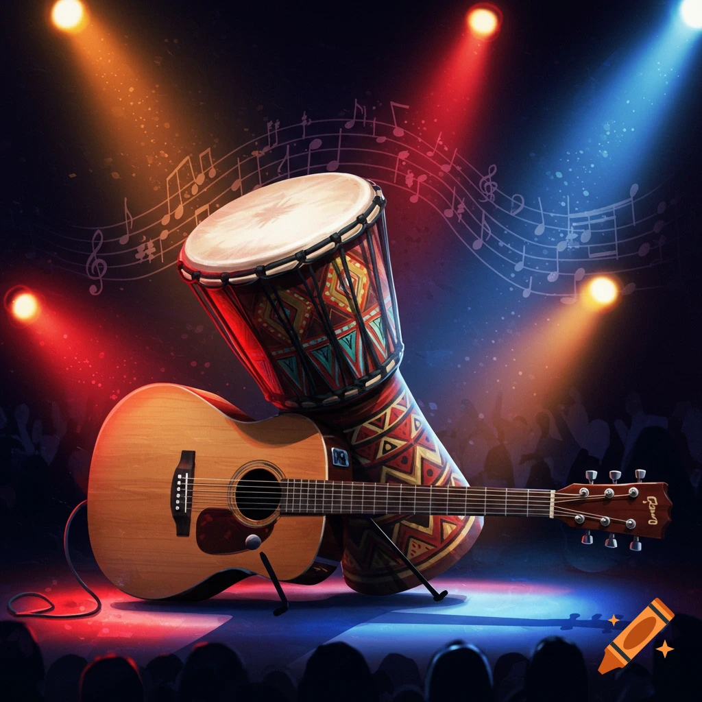 An acoustic guitar and a djembe drum on a stage illuminated by red, orange, and blue spotlights, with musical notes in the background.
