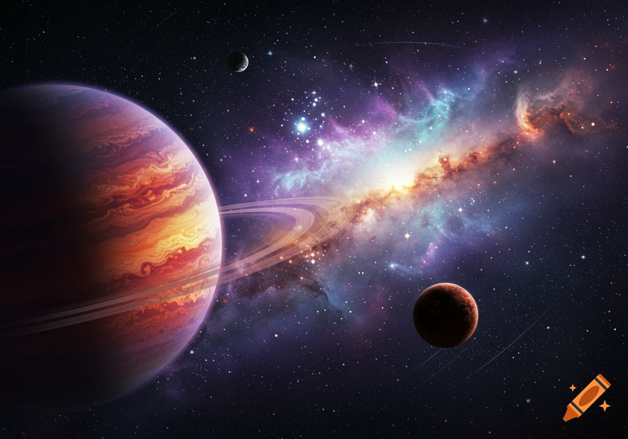 A vibrant space scene with a large, ringed gas giant planet, a smaller rocky planet, a moon, and a colorful nebula amidst a field of stars.