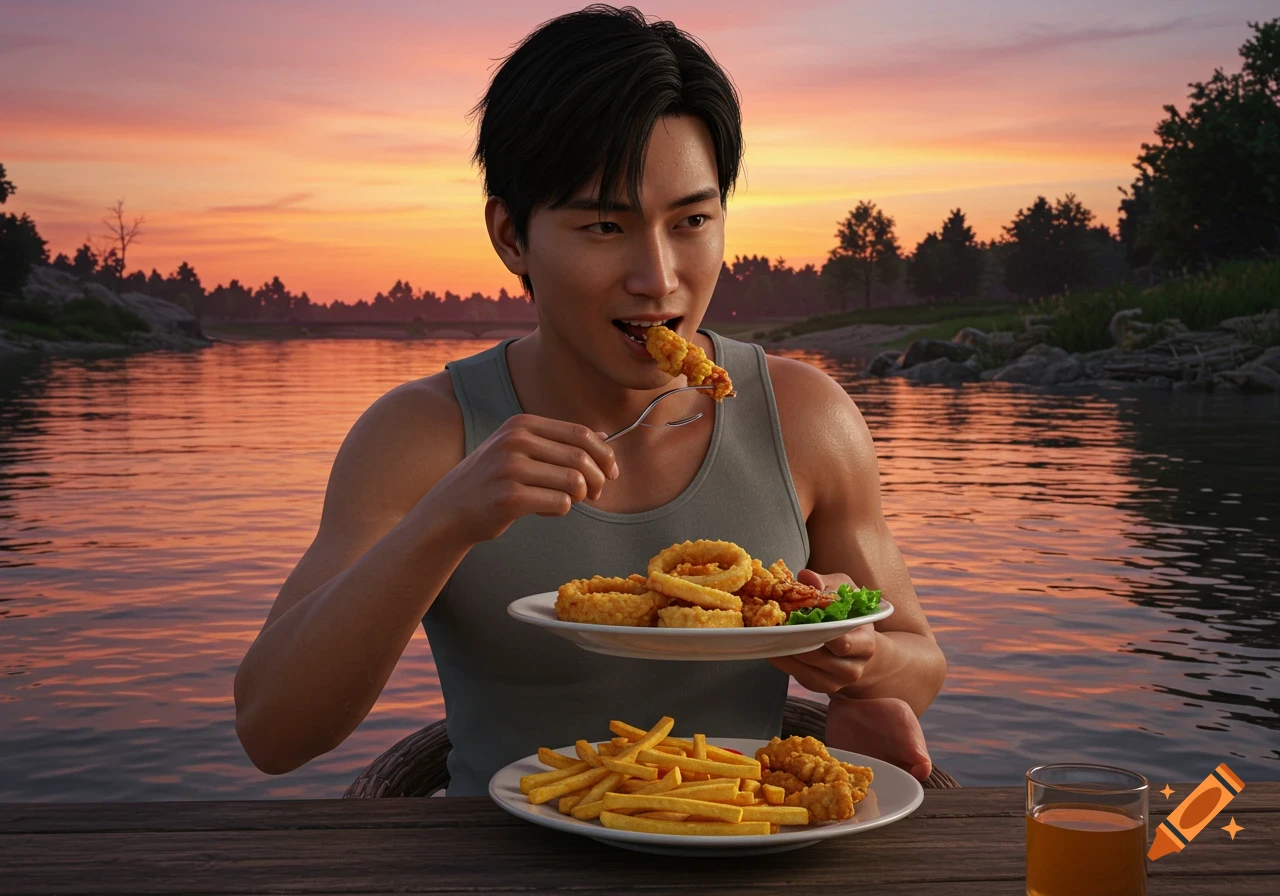 An Asian man eating fried calamari and french fries at a wooden table by a river at sunset, rendered in a realistic digital art style.