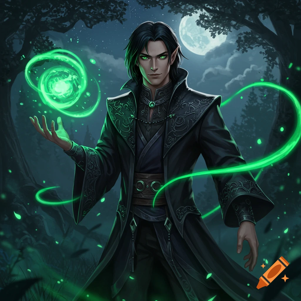 A dark-haired male elf mage with glowing green eyes and energy in his hands stands in a dark forest under a full moon.
