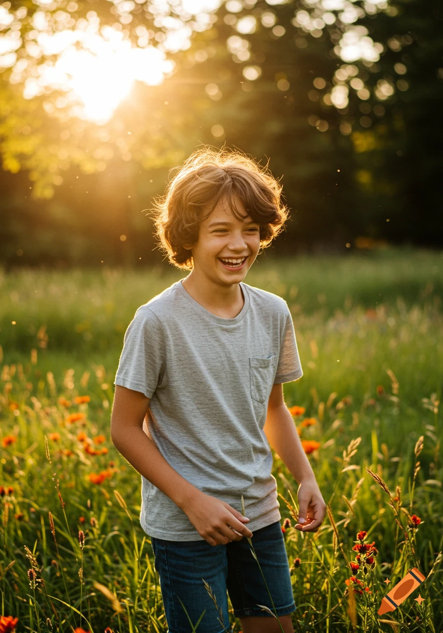 A smiling boy with curly brown hair in a sunlit field of tall grass and orange flowers.
