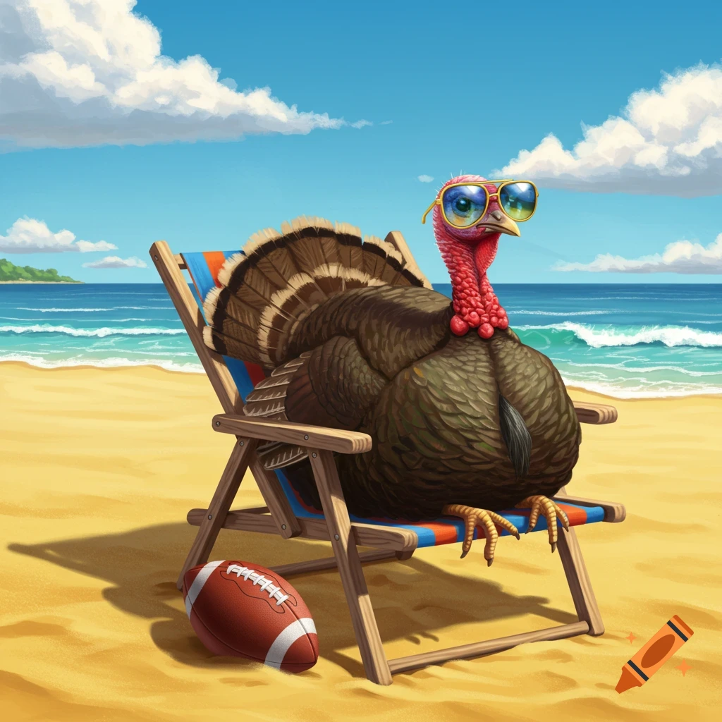 A cartoon turkey in sunglasses relaxes on a beach chair, with a football lying in the sand next to it and ocean in the background.