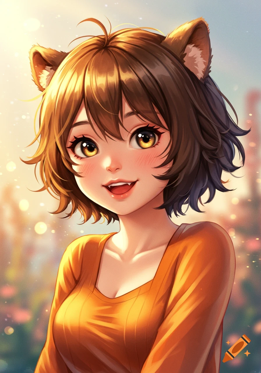 Anime girl with short brown hair, otter ears, amber eyes, and an orange top, smiling in bright light.