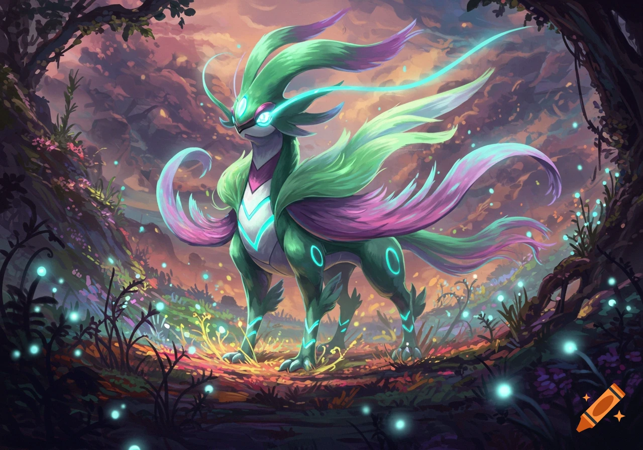 A vibrant green and pink glowing fantasy creature, resembling a Pok hcmon, stands in a magical forest at dusk with luminous plants.