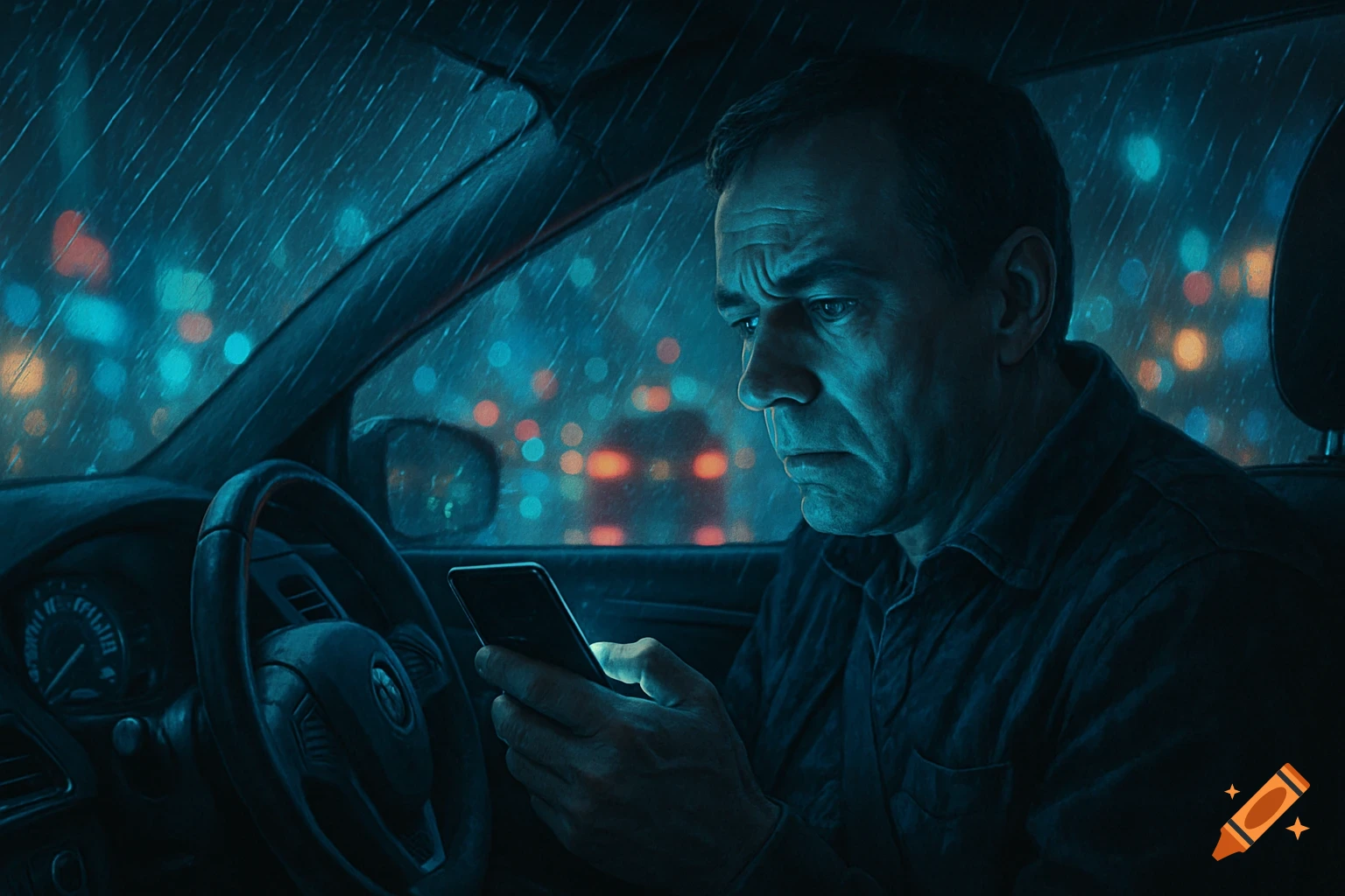 A serious man looks at his smartphone while driving a car at night in the rain, with blurred city lights outside.