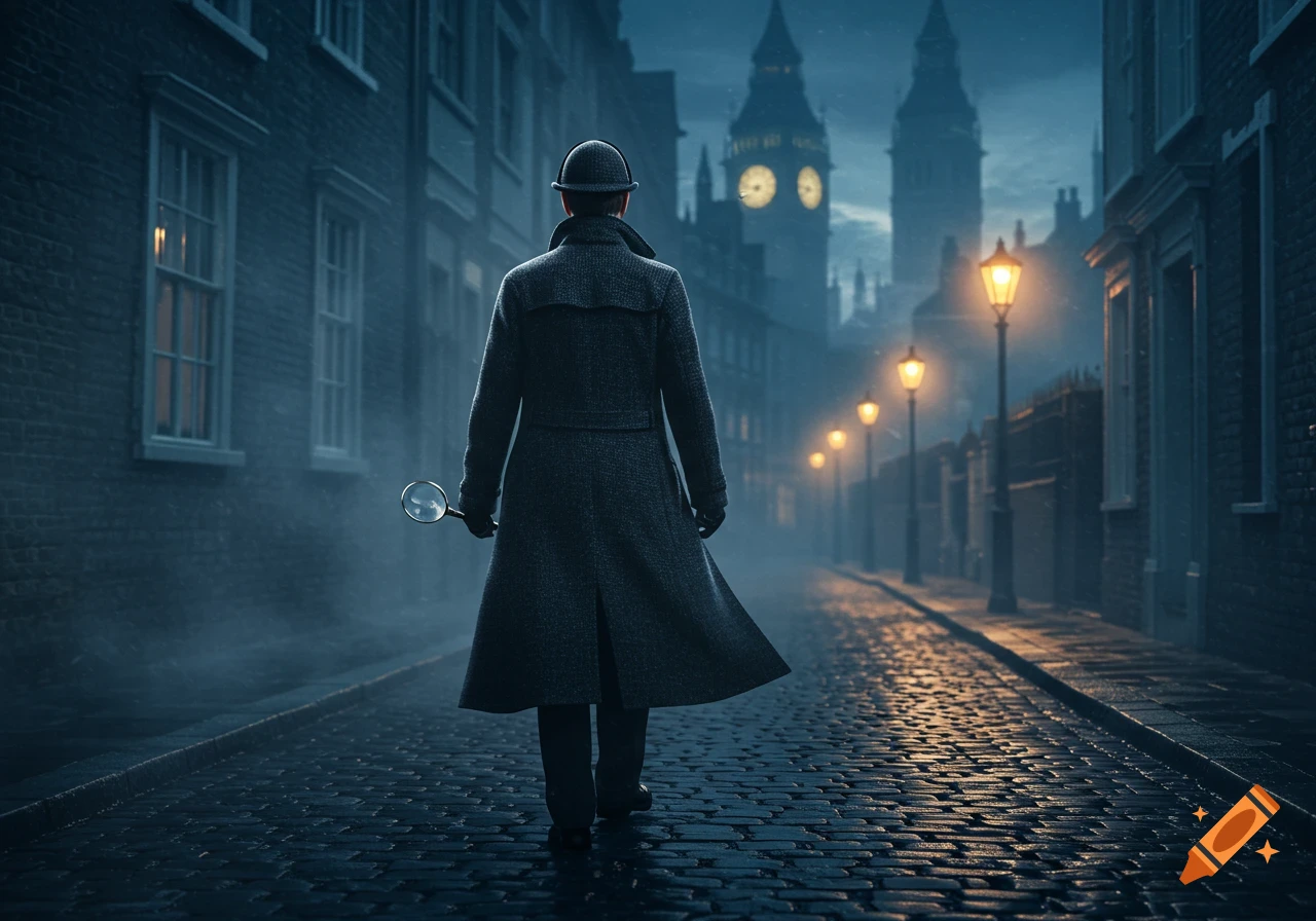 A man in a trench coat and bowler hat walks down a foggy London cobblestone street at night, holding a magnifying glass, with Big Ben in the background.