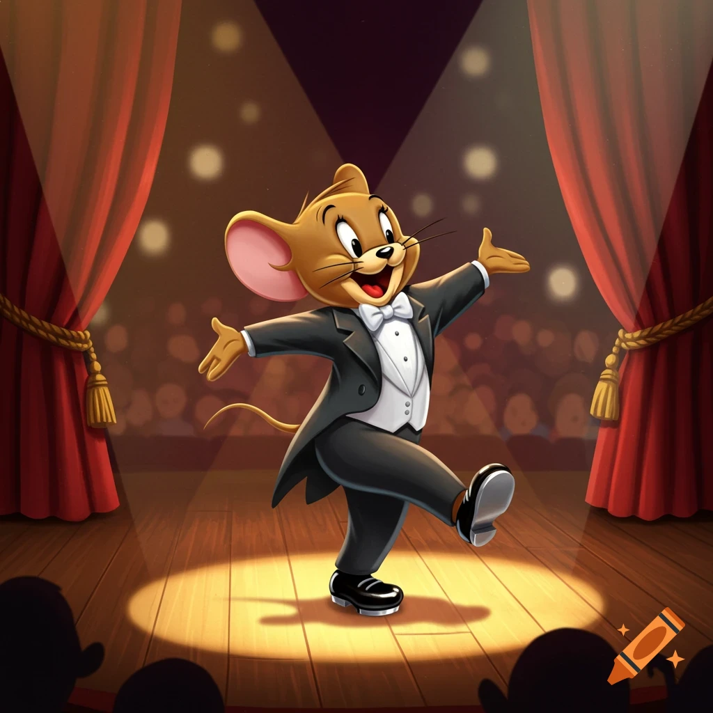 Jerry Mouse tap dances in a tuxedo and tap shoes on a spotlighted stage with red curtains.