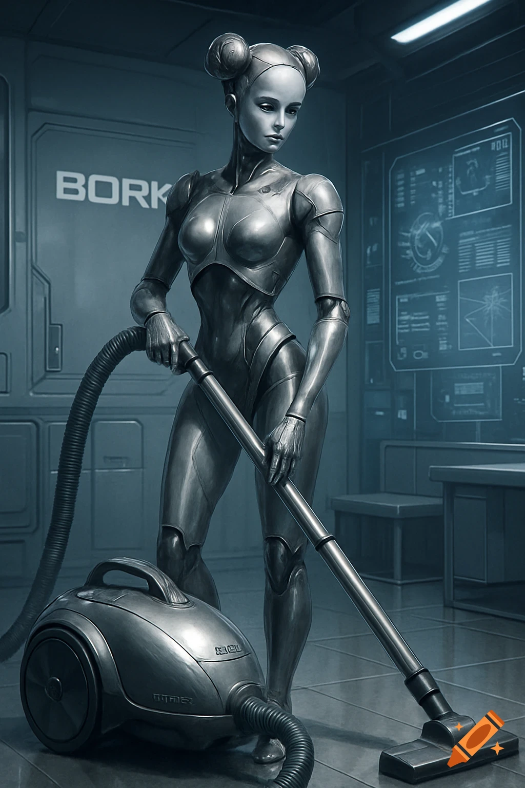 A photorealistic female robot with pigtail buns holds a vacuum cleaner in a futuristic room with a BORK logo on the wall.