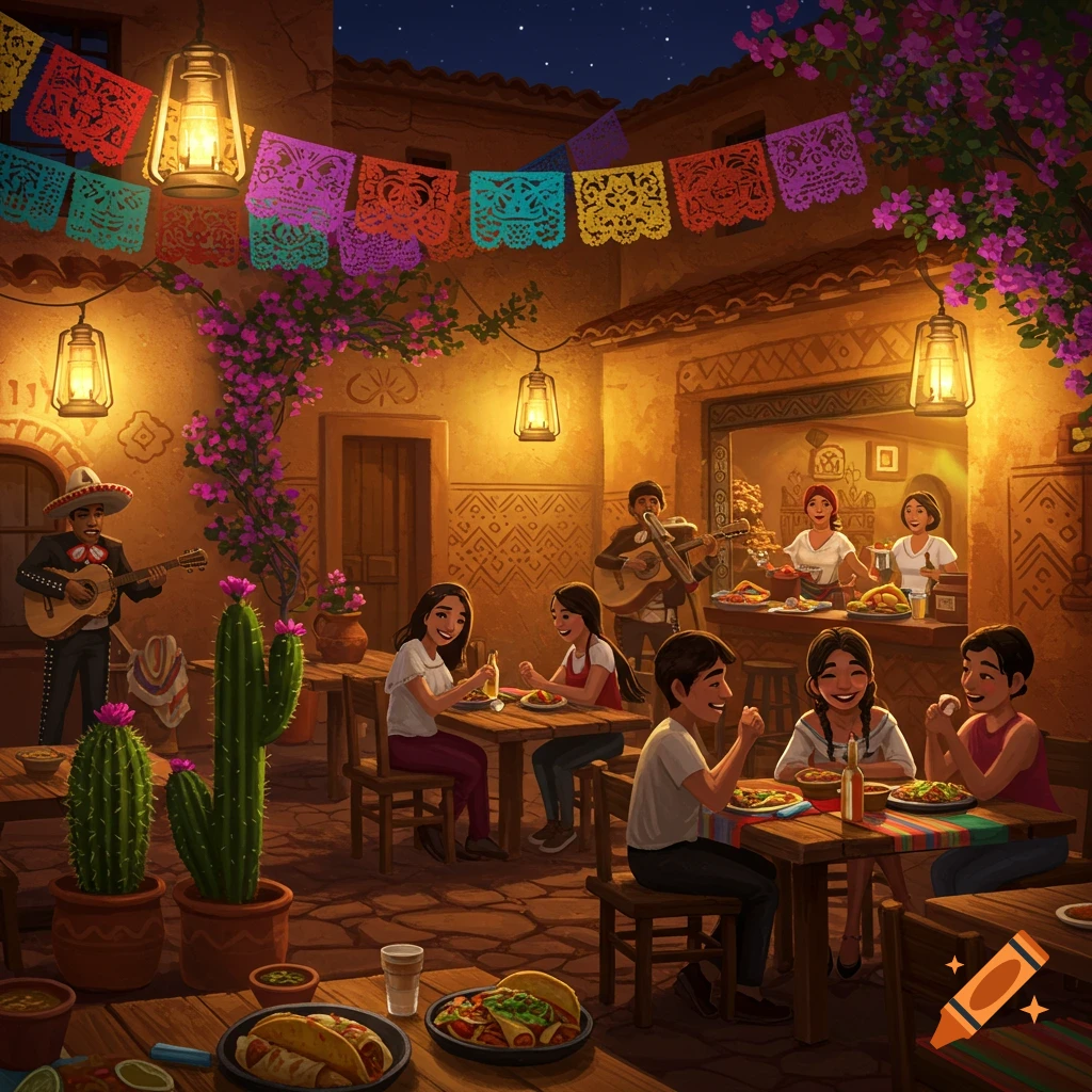 A vibrant illustration of a Mexican restaurant courtyard at night, with people dining, musicians playing, and colorful papel picado banners.