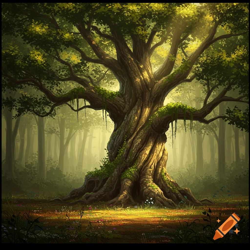 A majestic old tree with a twisted trunk stands in a sunlit, misty forest, digital art.
