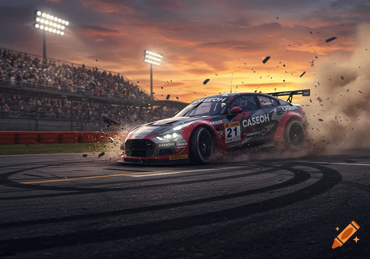 A red and black race car with "CASEOH" and "21" skids on a track amidst smoke and debris, spectators in the background at sunset.