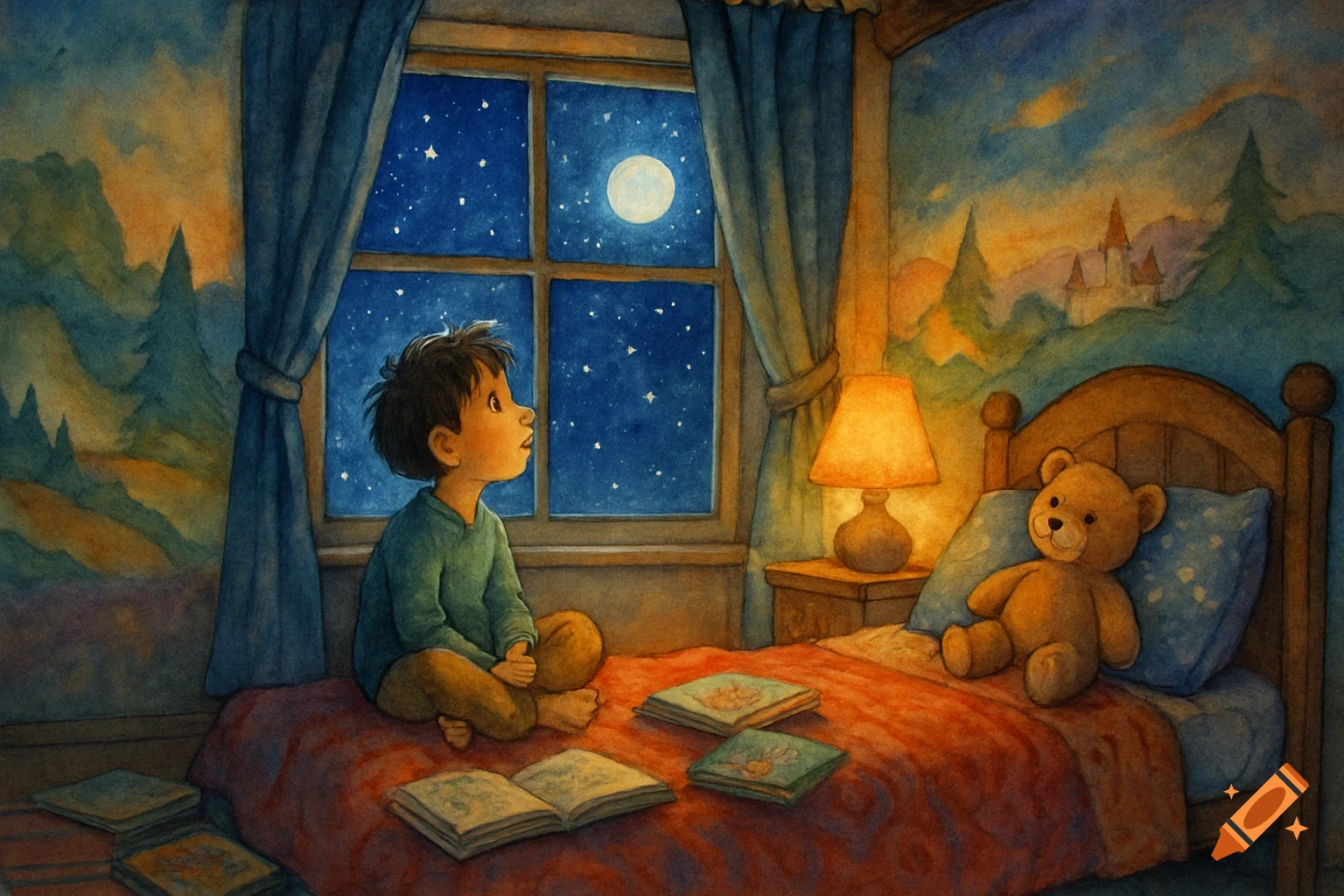 A young boy sits on a bed by a window, gazing at a starry night sky with a full moon, in a cozy watercolor bedroom scene with a teddy bear.