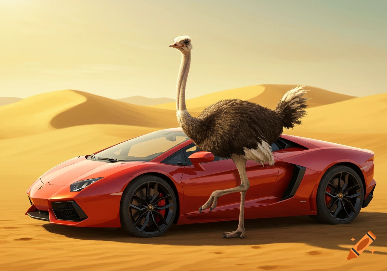 A photorealistic image of an ostrich standing next to a red Lamborghini in a vast desert with sand dunes.