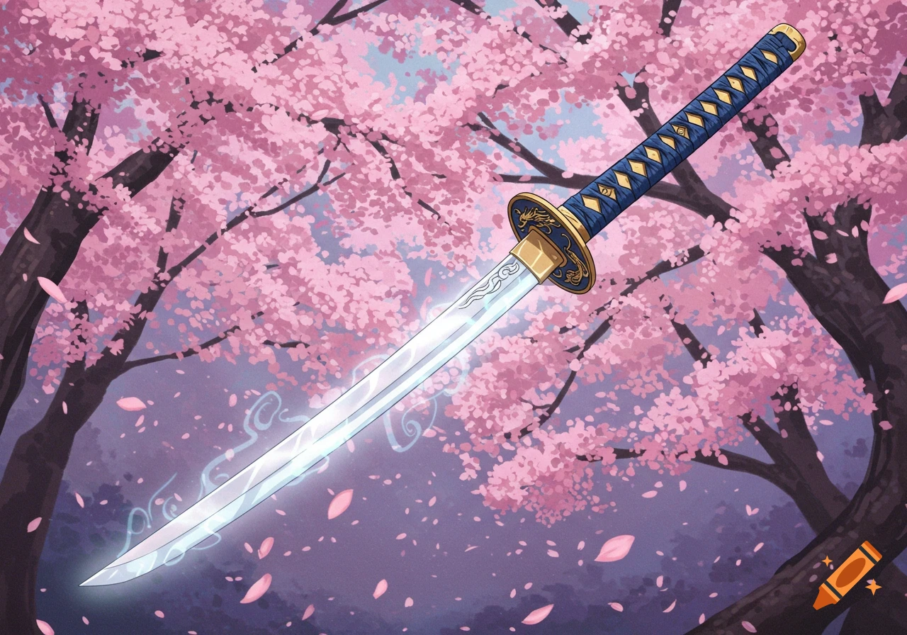 An anime-stylized katana with a glowing blade, set against a backdrop of pink cherry blossom trees with falling petals.