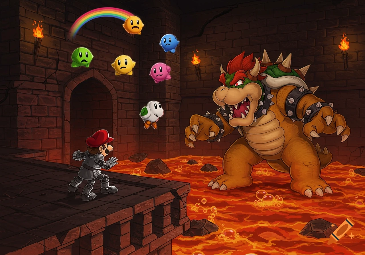 Mario in knight armor confronts Bowser in a dark, lava-filled castle, with sad, colorful floating creatures and a rainbow.