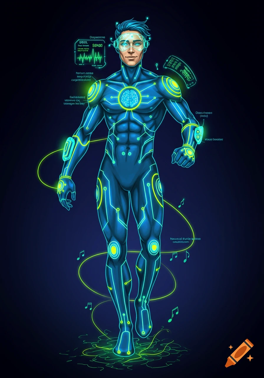 An illustrated superhero in a glowing electric blue and yellow futuristic suit with neon green accents, a neural visor, and floating data displays.