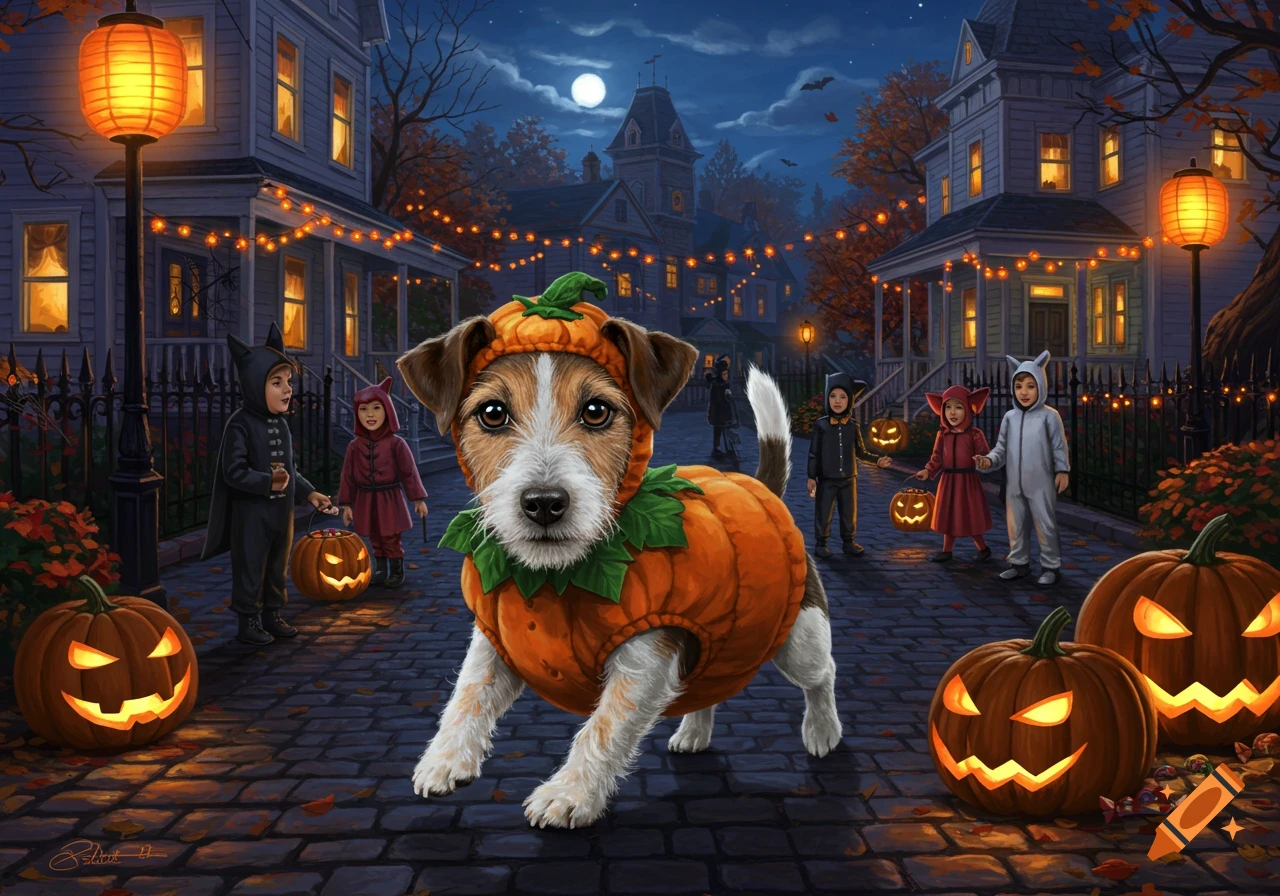 A cute Jack Russell dog in a pumpkin costume stands on a cobbled street during Halloween night, with trick-or-treating children and carved pumpkins, in a detailed digital painting style.