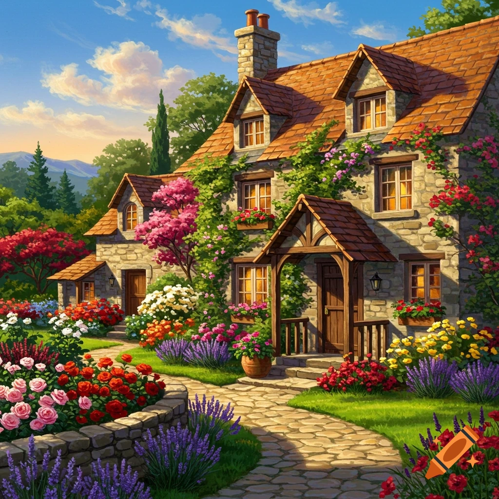 Charming stone cottage with an orange tiled roof, surrounded by a vibrant, colorful garden path under a blue sky.