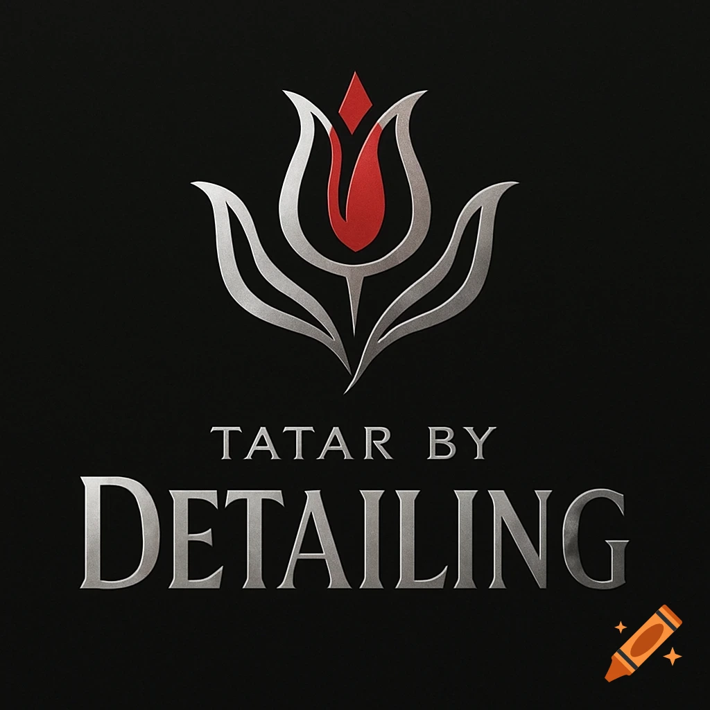Logo featuring a silver and red stylized tulip emblem above the words 'TATAR BY DETAILING' in silver.