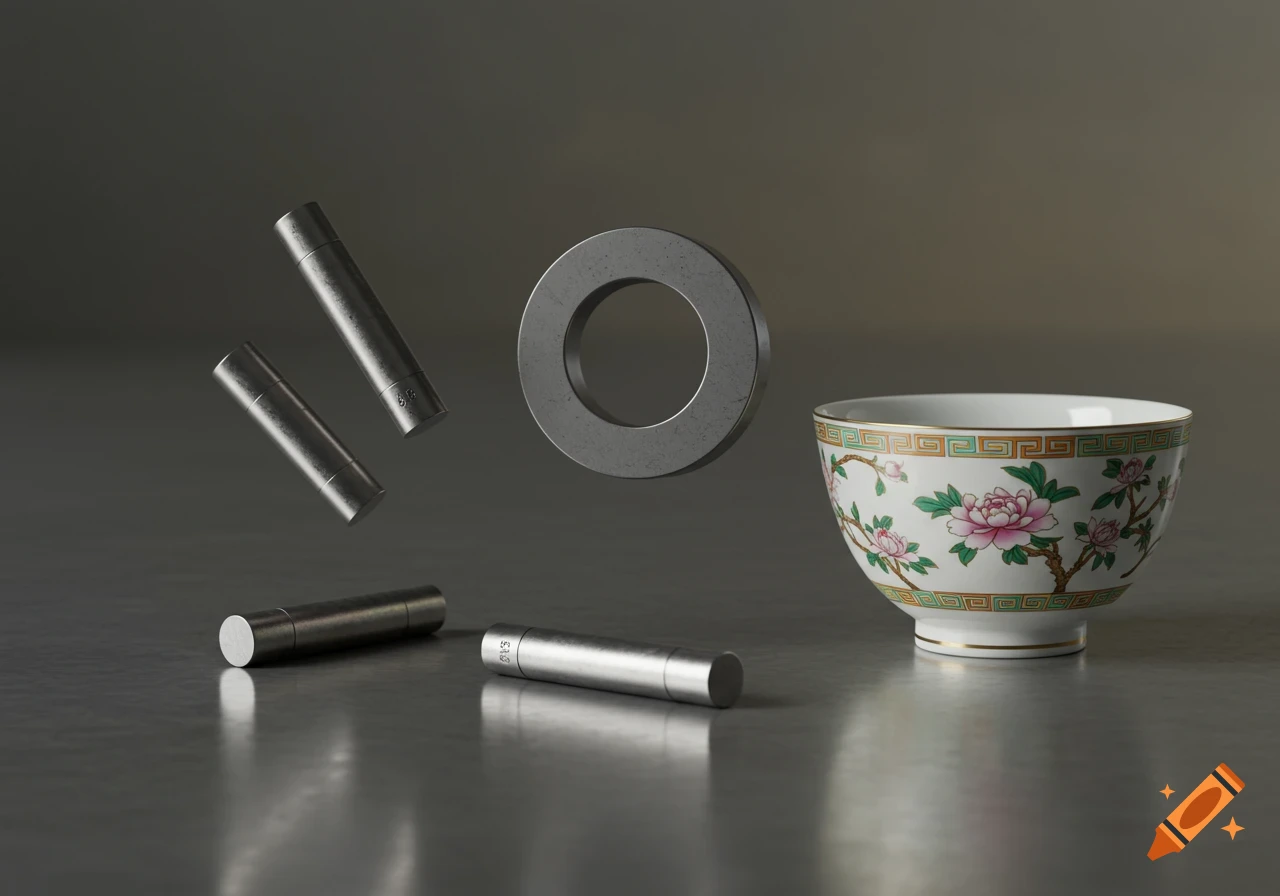 A photorealistic still life featuring several silver bar magnets, a gray ring magnet, and a floral decorated Chinese bowl on a reflective gray surface.