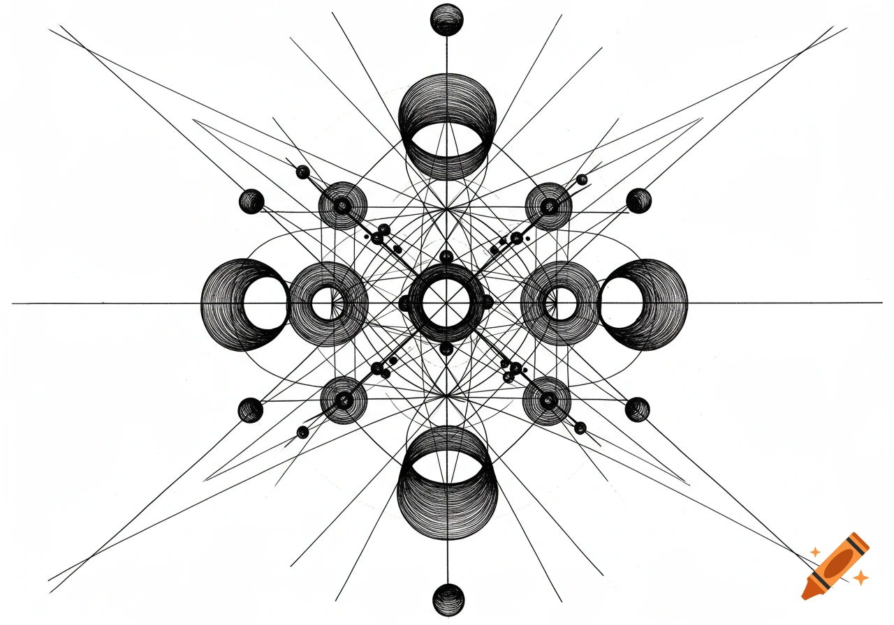 A complex, symmetrical black and white geometric design composed of overlapping circles and straight lines.