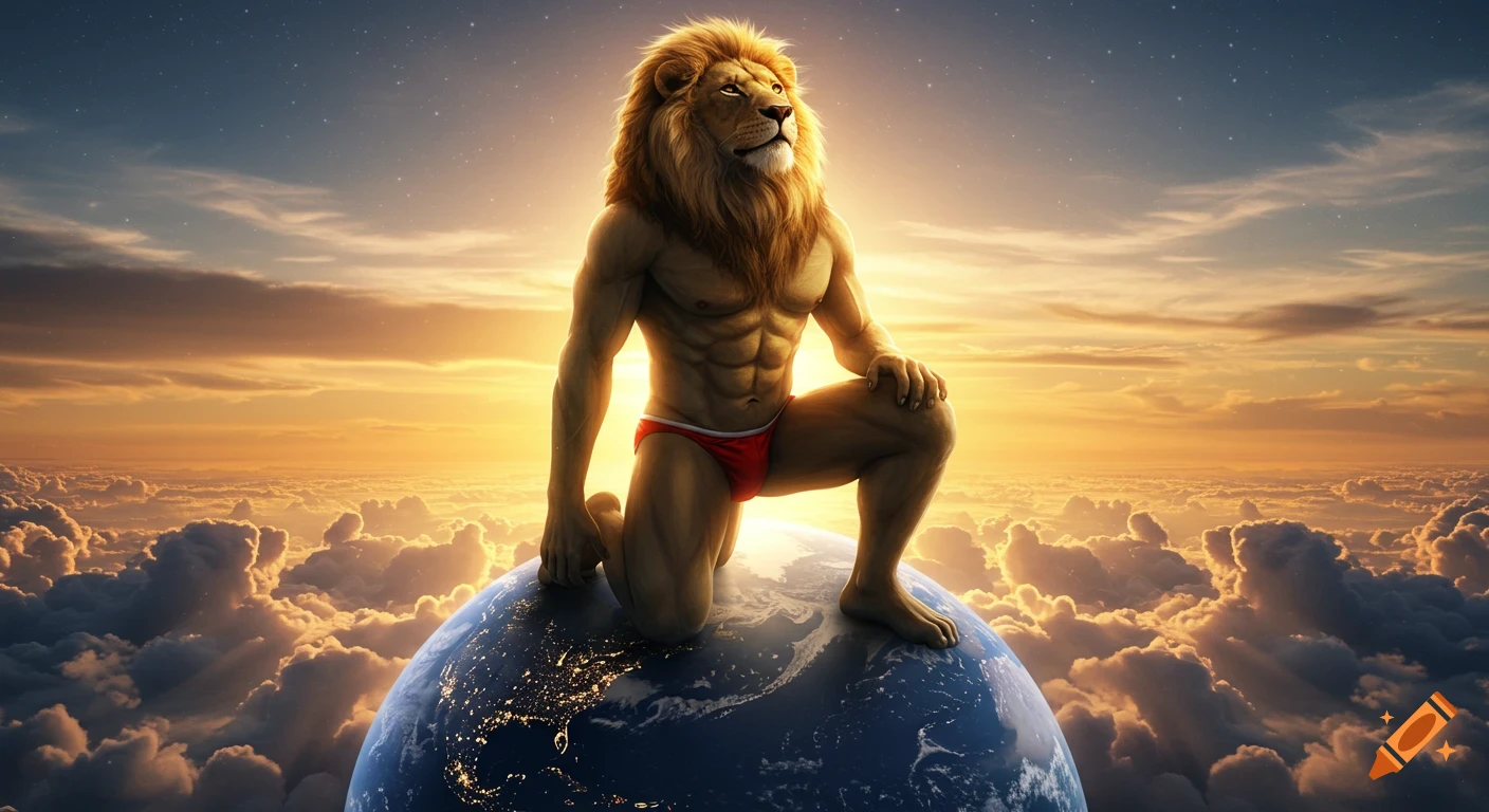 Photorealistic anthropomorphic lion in a red speedo kneeling on Earth above clouds with a dramatic sunset and stars.