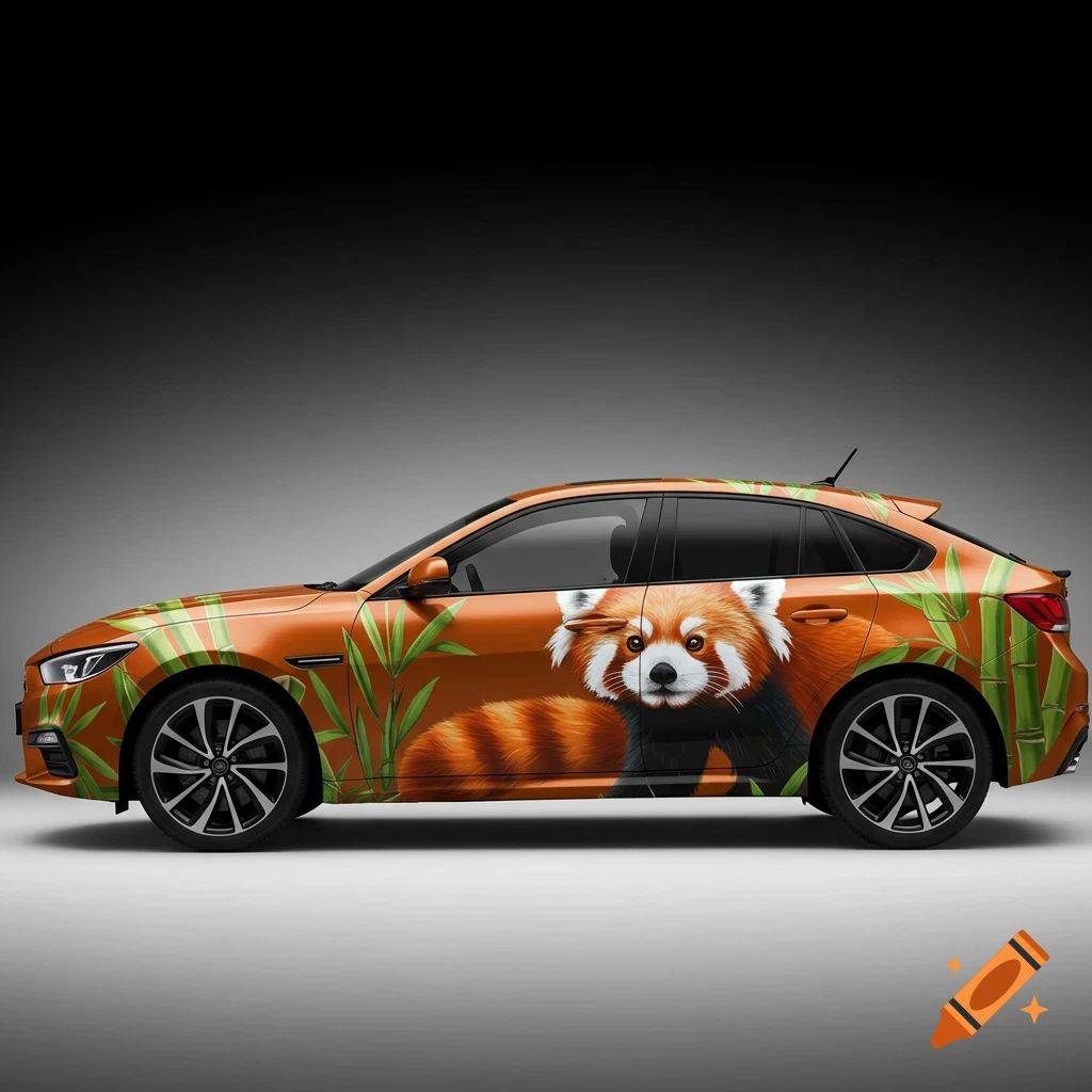 A car with an orange and green wrap depicting a red panda and bamboo foliage.
