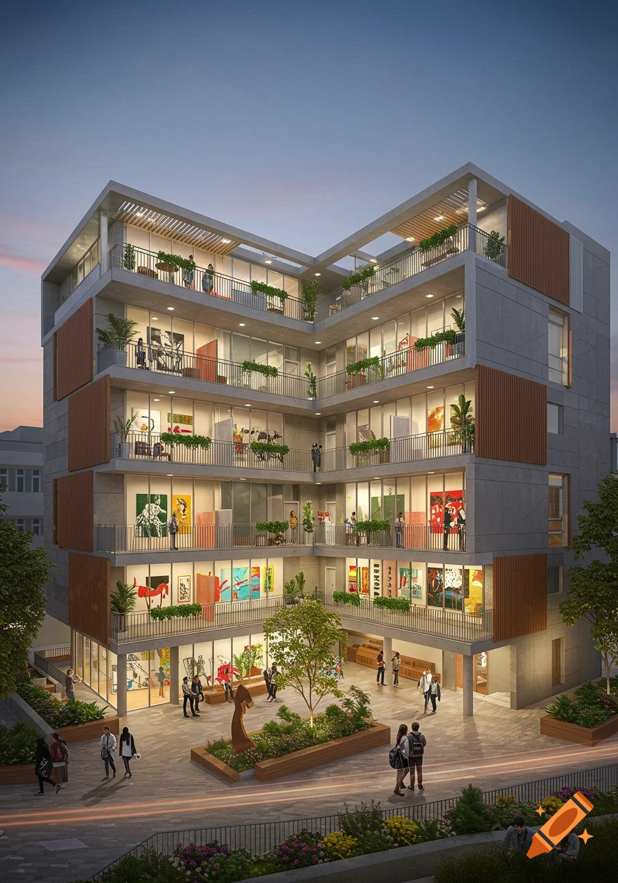 A modern L-shaped building with large windows displaying art, balconies with plants, and a courtyard with trees and people.