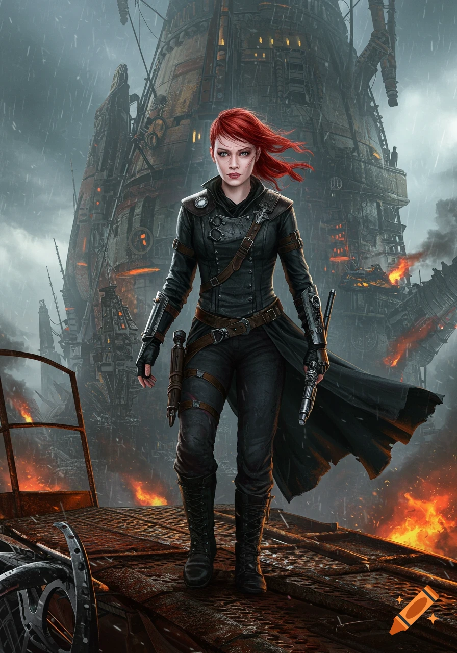 Red-haired woman with a scar, dressed in dark steampunk attire, holds a gun on a rusty platform in a rainy, burning, post-apocalyptic city.
