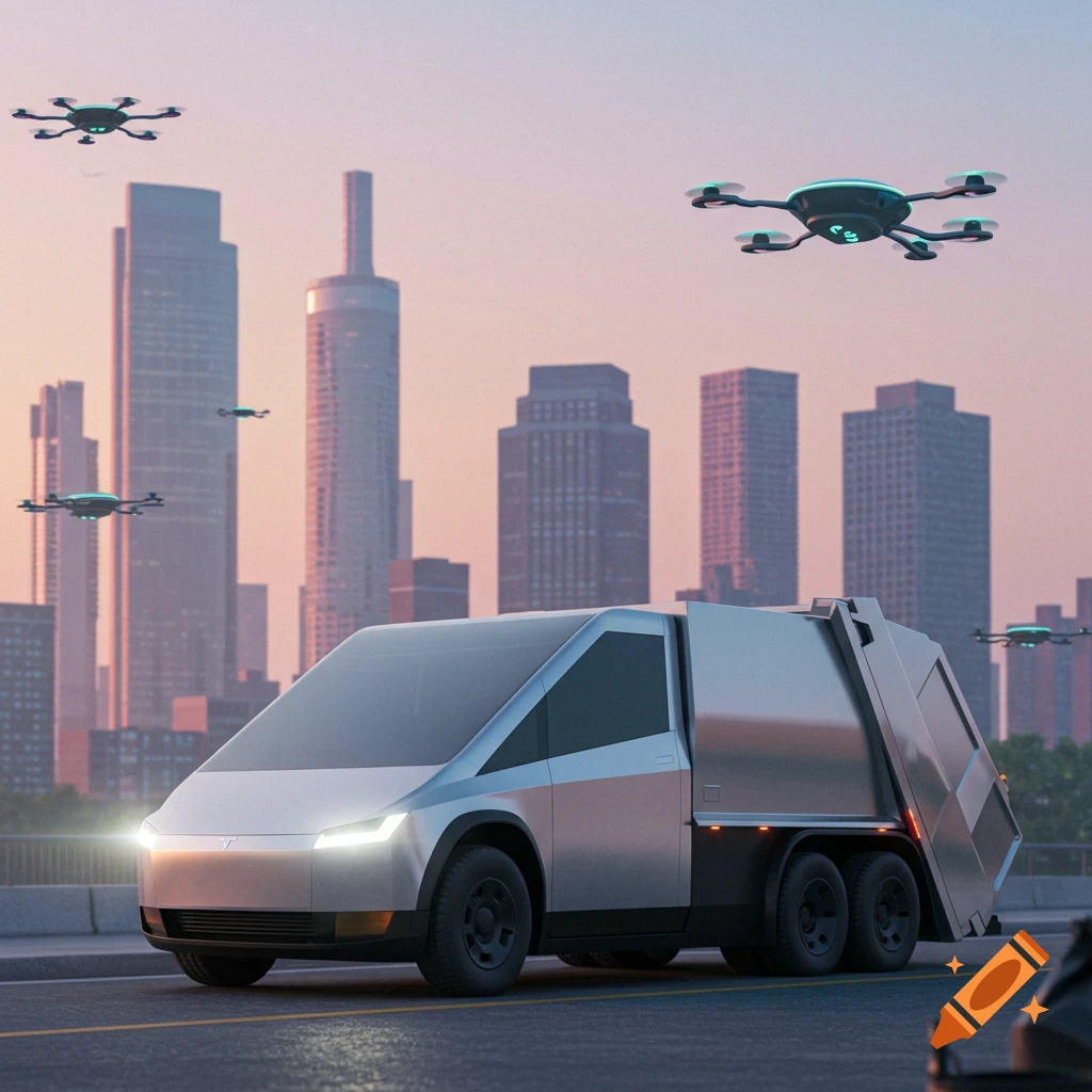 A futuristic silver Tesla-style garbage truck on a road with drones flying above a city skyline at sunset.