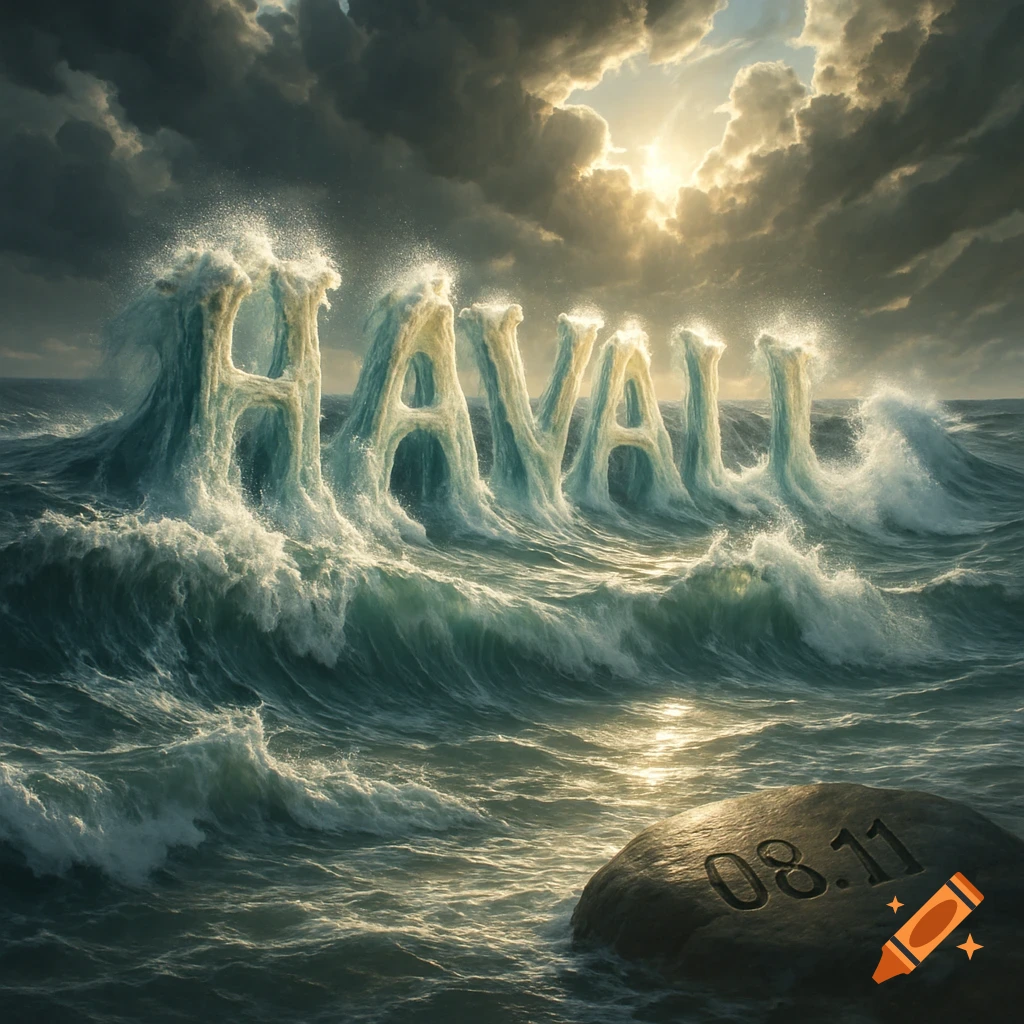 Powerful ocean waves form the word HAVALI under dramatic clouds with sunlight reflecting on the water, next to a rock engraved with 08.11.