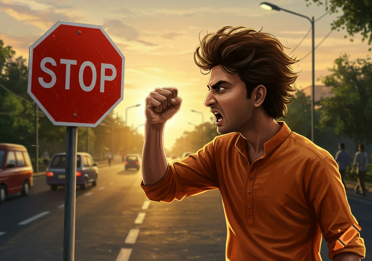 An angry Indian man with spiky hair and an orange shirt raises a fist next to a red stop sign on a sunny street, illustration.