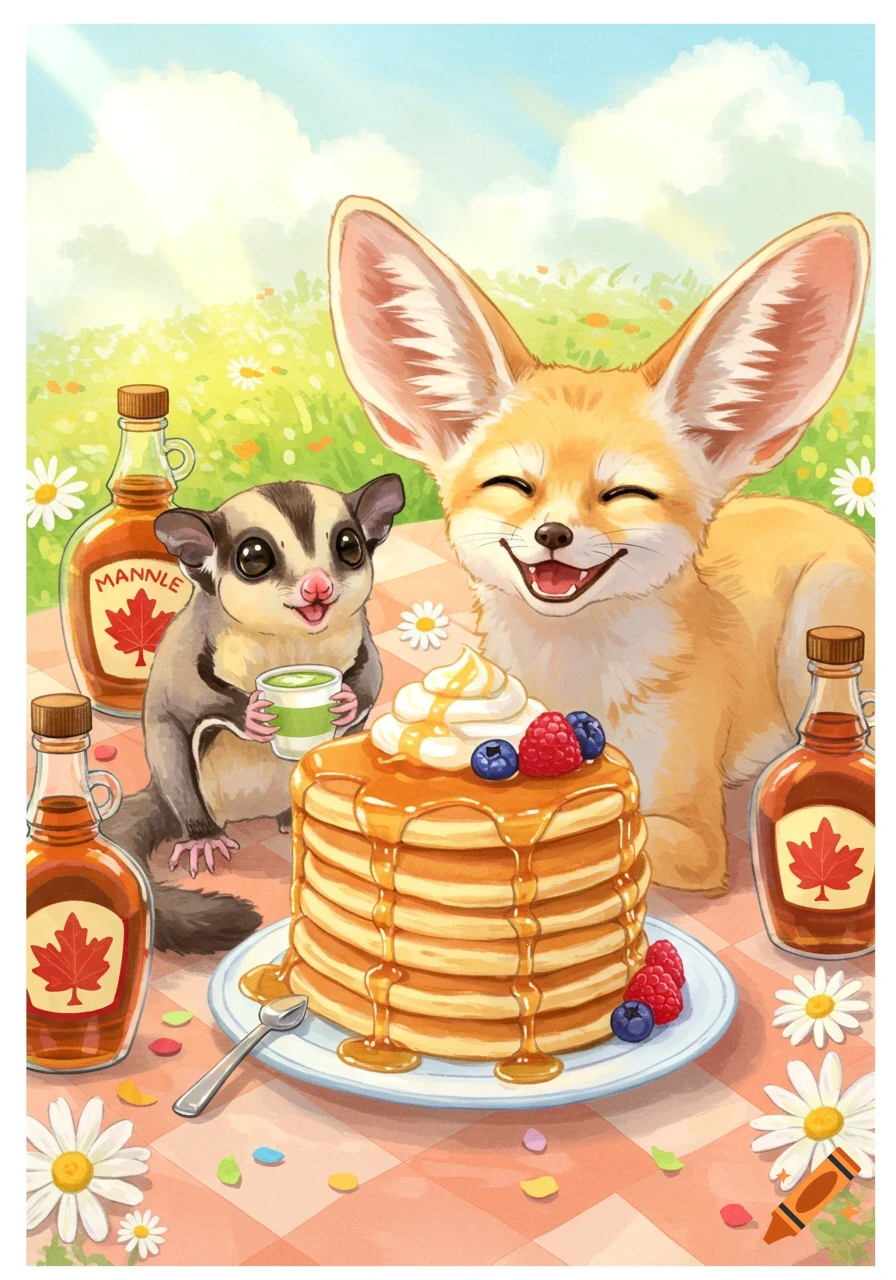 A cute illustration of a sugar glider and a fennec fox at a picnic with a stack of pancakes, syrup, and berries in a field of daisies.