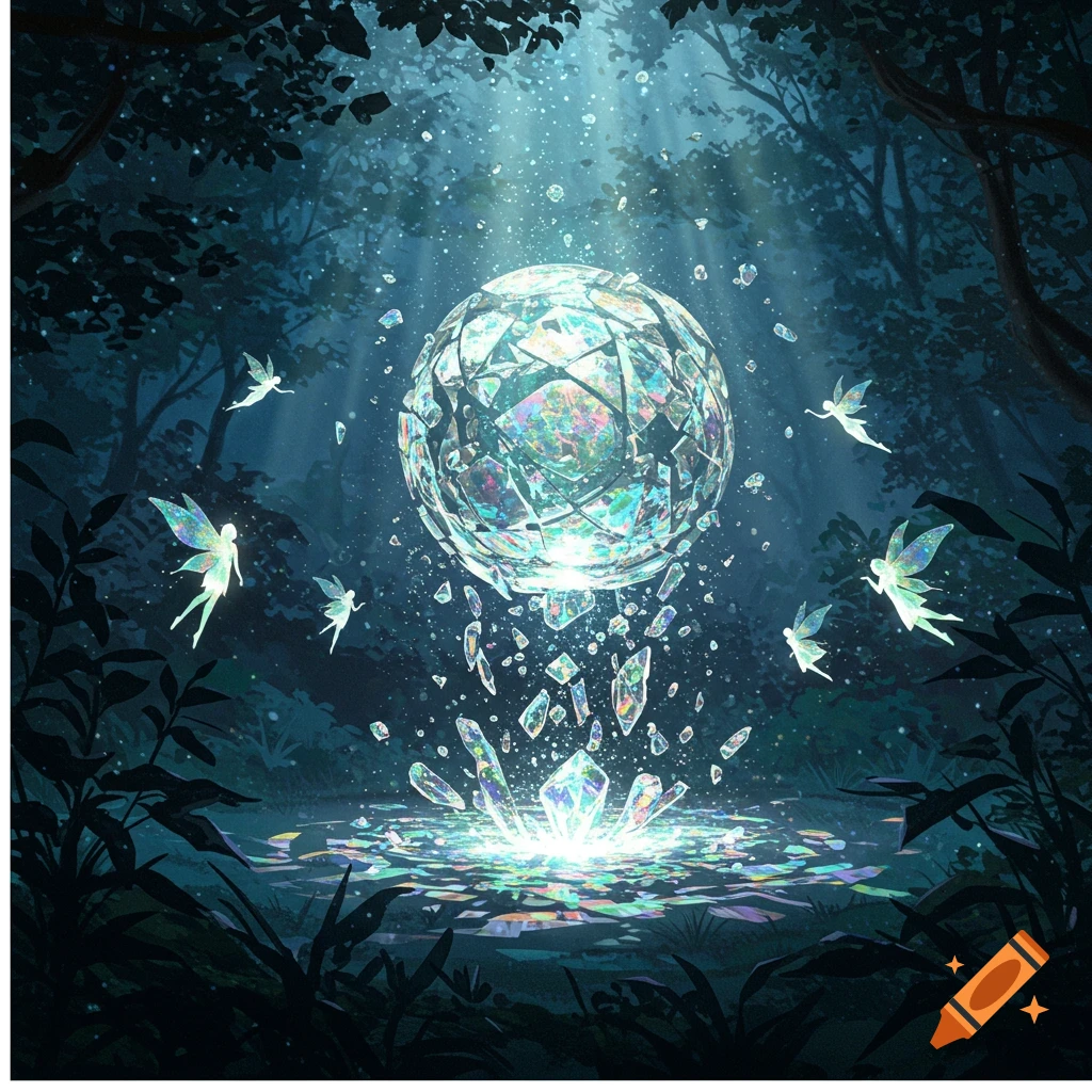 A mystical forest at night with a glowing, shattering crystal sphere and iridescent fairies flying around.