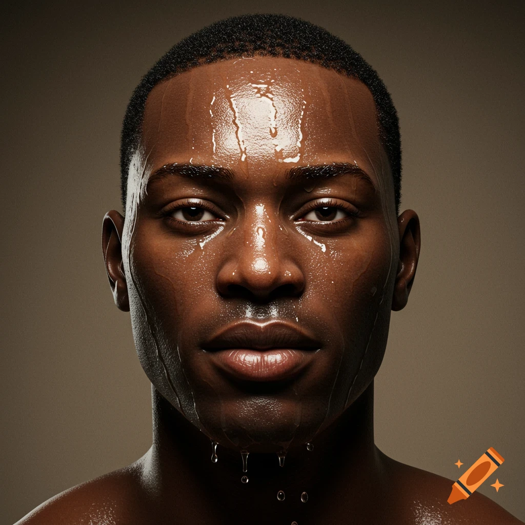Close-up photorealistic portrait of a man with dark skin, his face and head covered in glistening water droplets.