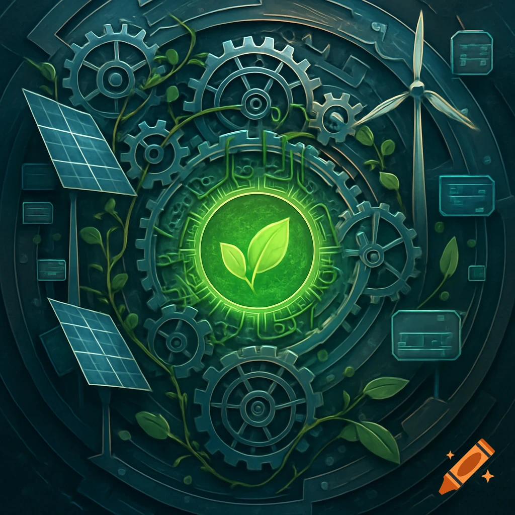 A circular design with gears, solar panels, a wind turbine, and vines around a glowing green leaf symbol, representing sustainability.