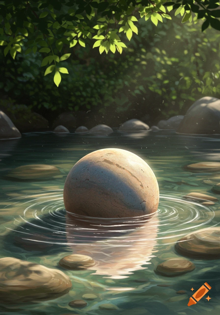 A round stone sits partially submerged in a shallow river, surrounded by ripples and smaller stones, with dappled sunlight through green leaves.