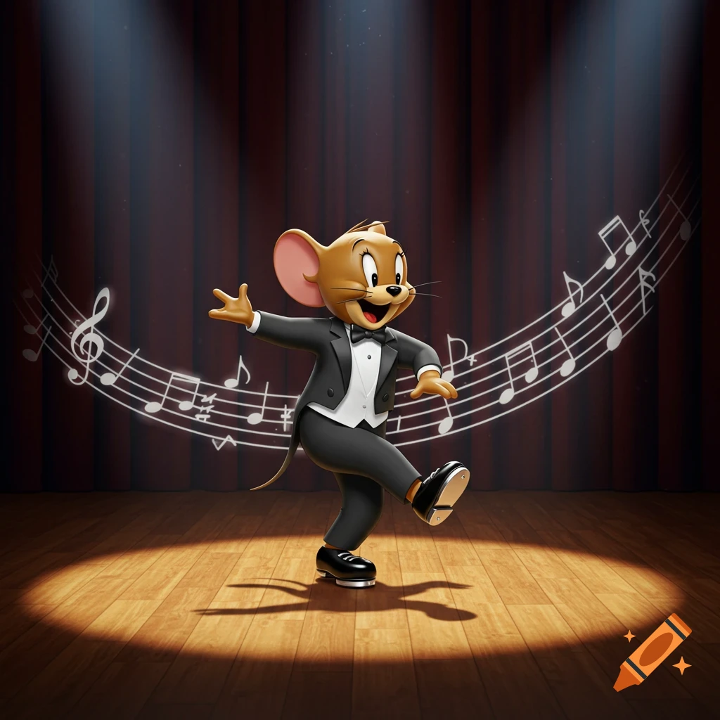 Jerry Mouse in a tuxedo tap dancing on a wooden stage under spotlights, with musical notes floating against a red curtain background.