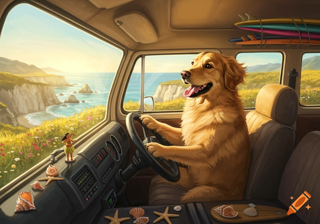 A golden retriever dog drives a vintage van along a scenic coastal highway at sunset. Surfboards are on the roof, seashells on the dashboard.